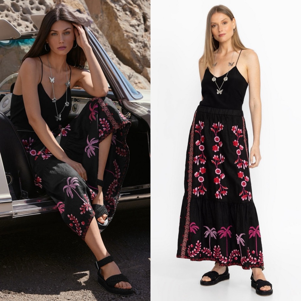 New Johnny Was Tiered Linen Maxi Skirt Palm Tree Floral Embroidered